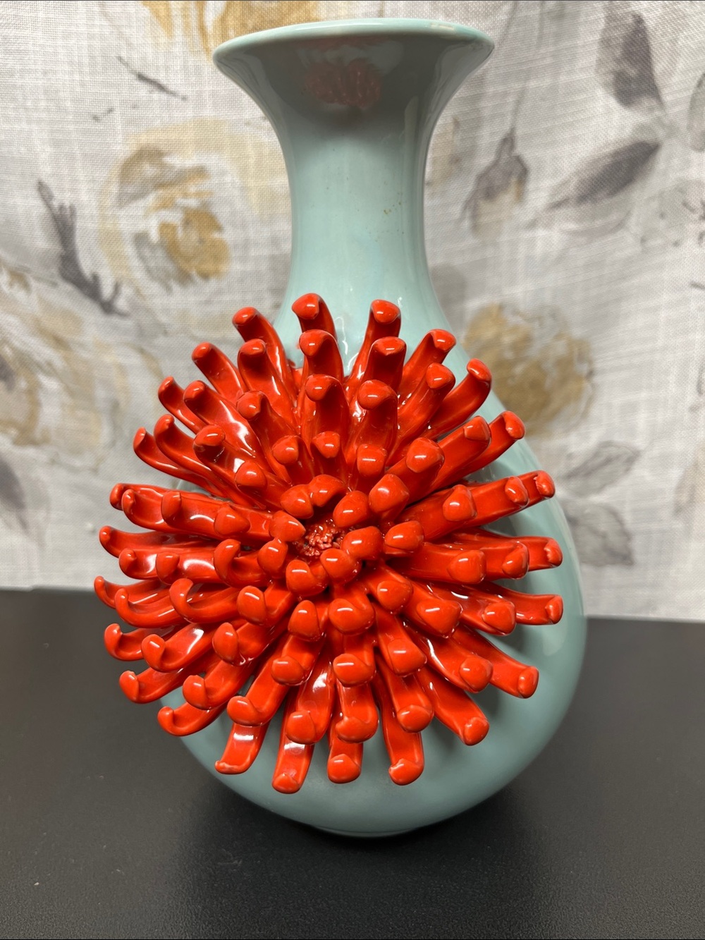 Anthropologie Aqua Ceramic Bold Red Chrysanthemum Vase